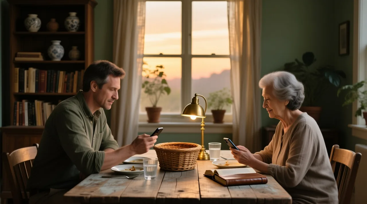 Dois adultos à mesa de casa com os celulares na mão e uma cesta de vime vazia no centro