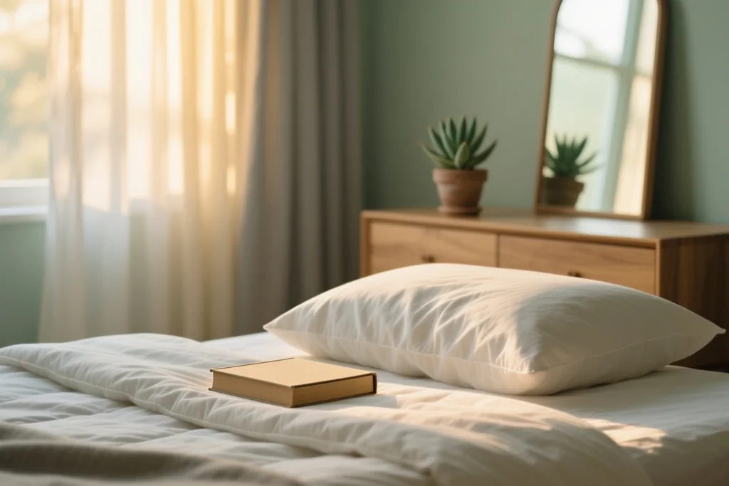 Quarto preparado para dormir, com luz baixa e o celular carregando longe da cama