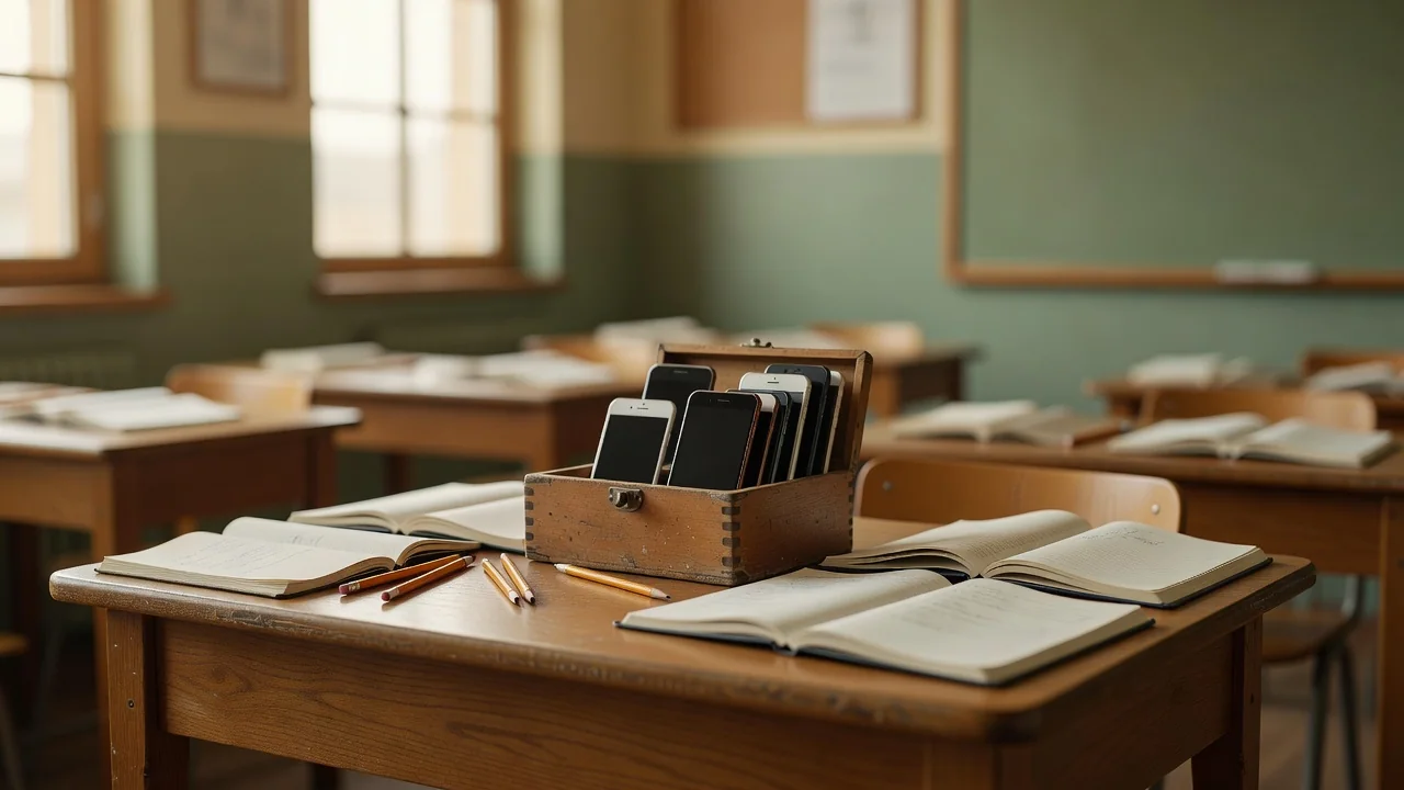 Celulares recolhidos em uma caixa de madeira na mesa da professora, em sala de aula clara