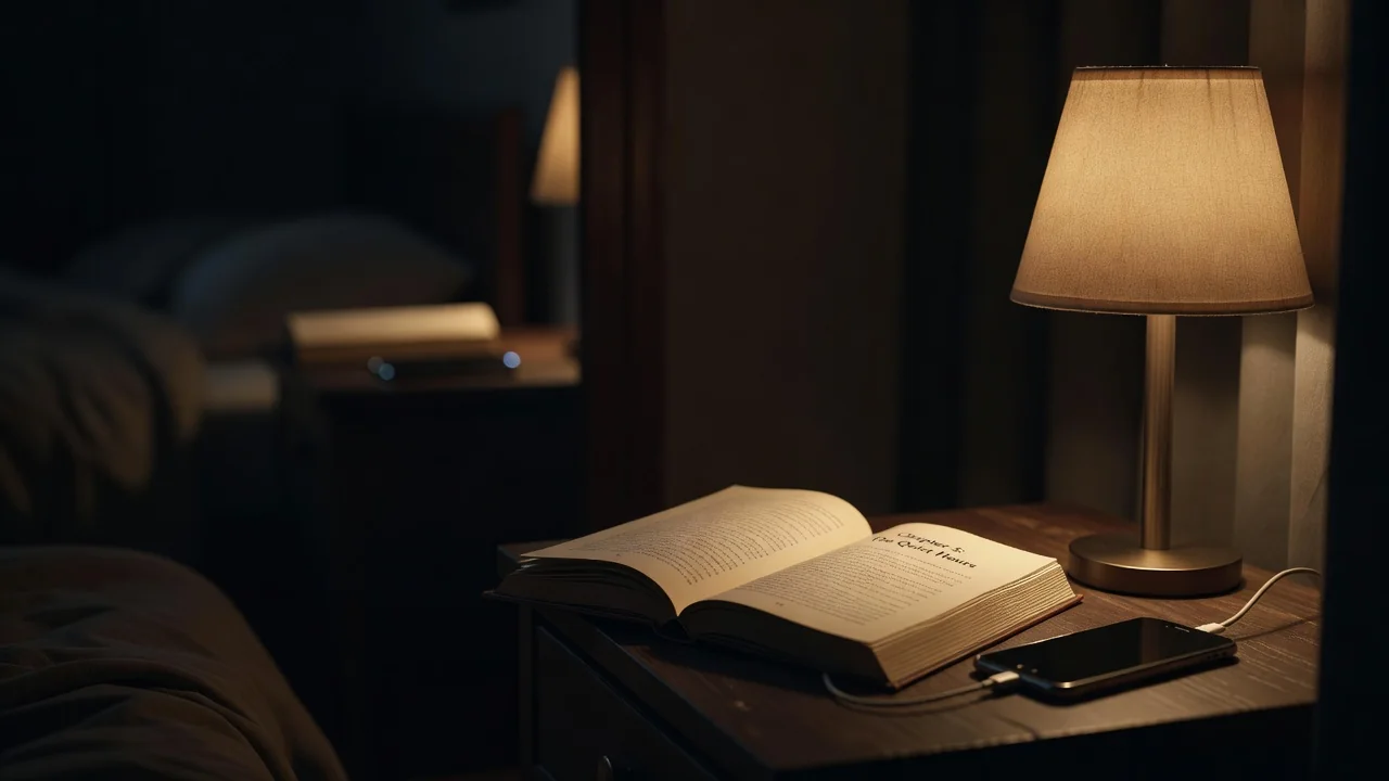 Quarto é território de sono: livro, luz quente e o celular carregando em outro cômodo